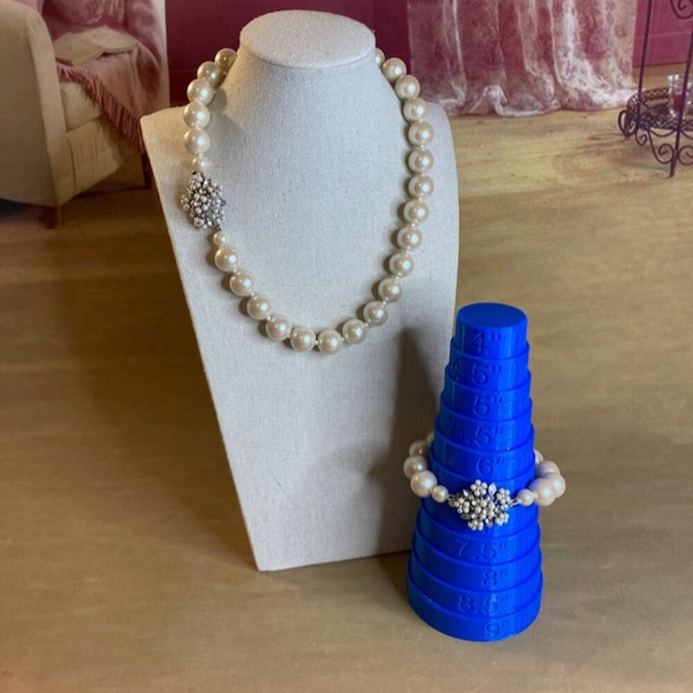 Hand-Knotted Faux Pearl & Rhinestone Floral Bridal Necklace & Bracelet Set